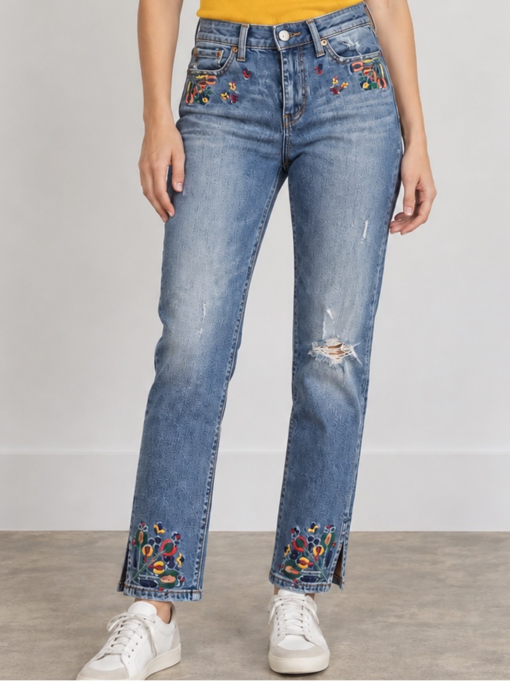 Lucky Brand Blue Straight-Leg Jeans with Colorful Floral Embroidery